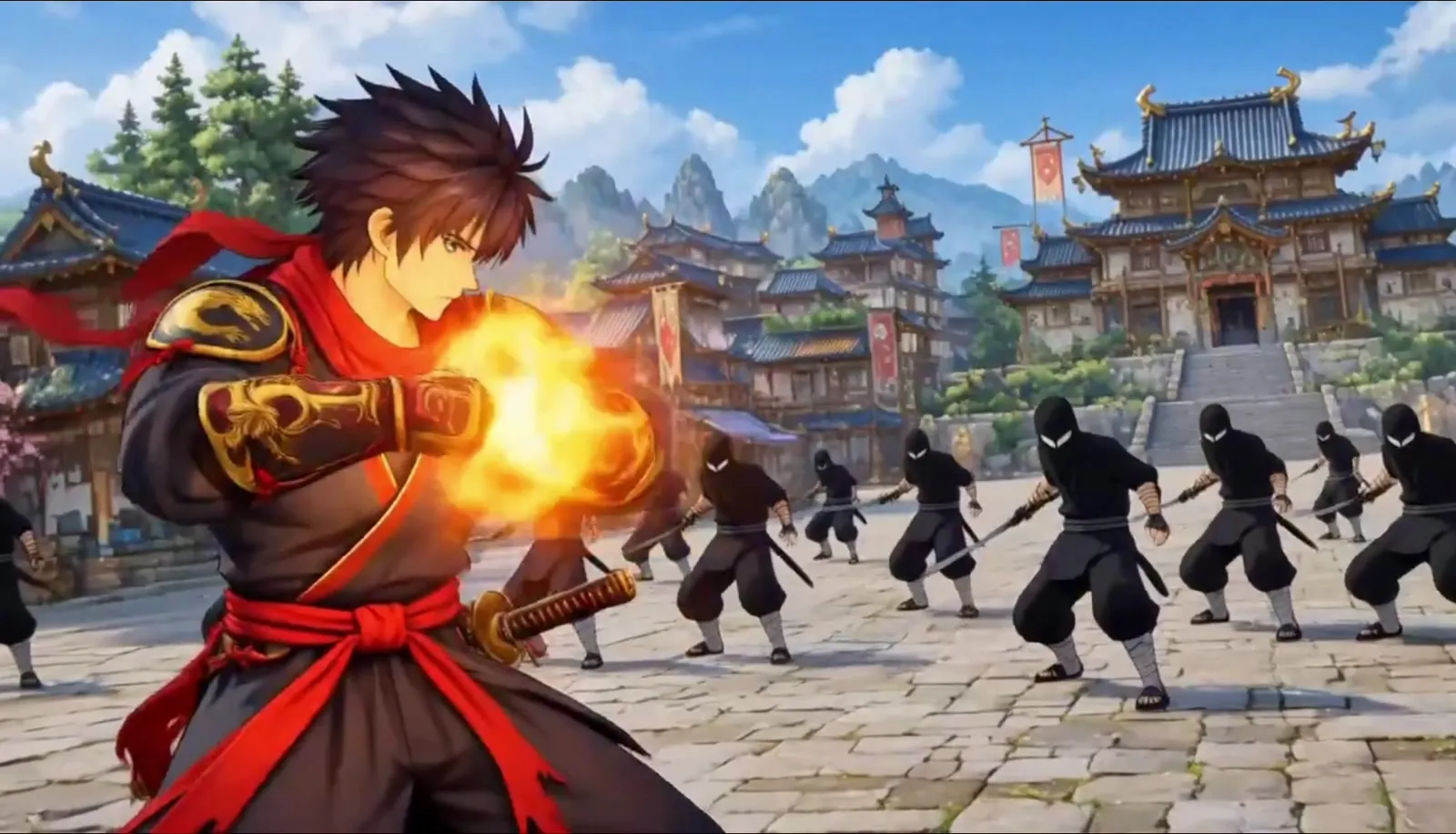 Kenji lance une boule de feu en plein combat